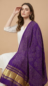 Bamboo Silk Bandhani Inspired Gajji Women Purple Dupatta with Elephant & Floral Motifs and Golden Tape Border