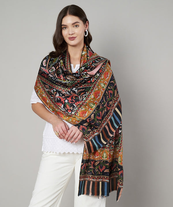 Signature Kashmiri Print & Thread Work Bamboo Silk Stole for Women