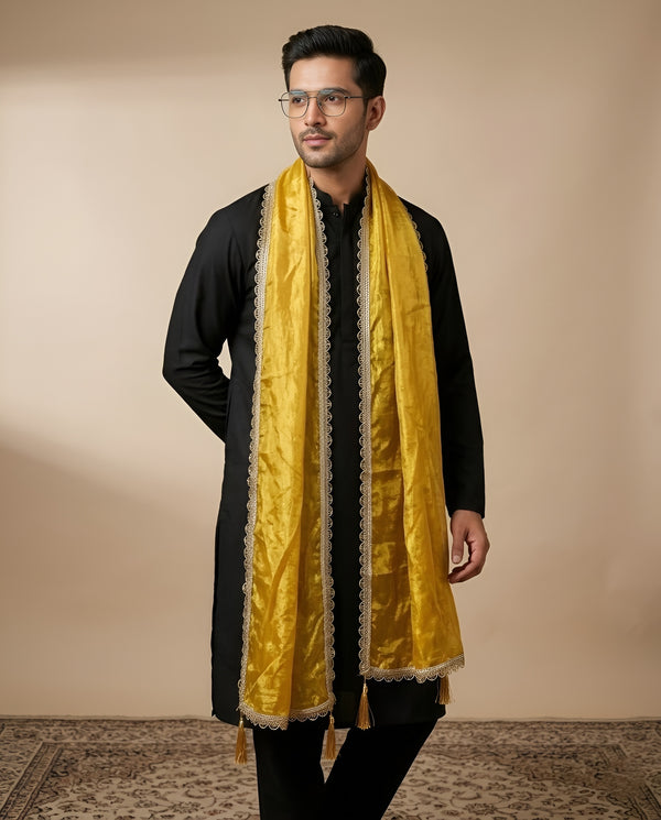 Fendi Mens Dupatta – Gold Tone with Lace Border & Latkan Finish