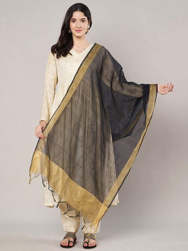 Black Chanderi Silk Dupatta with Gold Border & Tassels (Size: 2.5x1 m Approx)