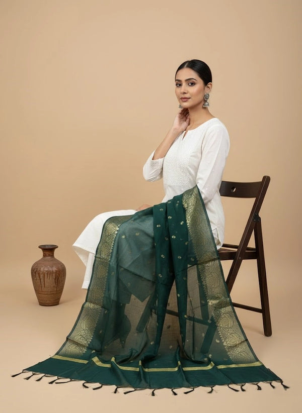 Green Woven Ethnic Motif Dupatta | Elegant Traditional Drape