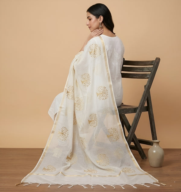 Elegant Off White Cotton Zari Buta Dupatta | Lightweight Ethnic Drape
