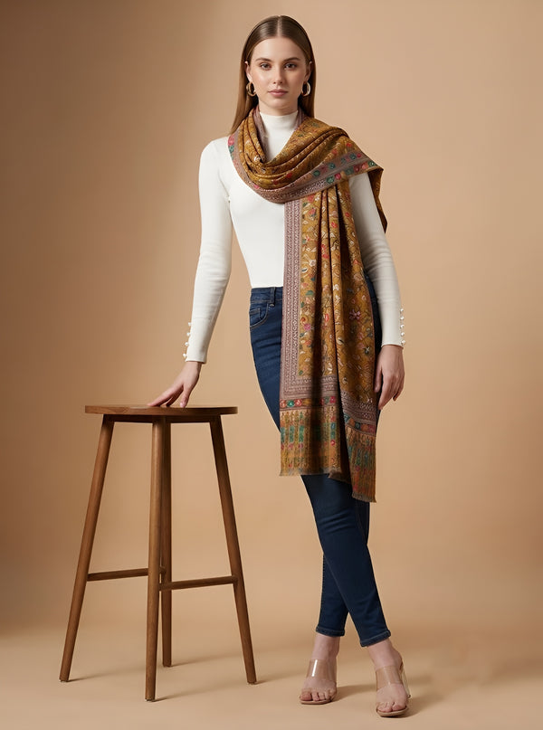 Signature Kalamkari Printed Bamboo Silk Mustard Stole