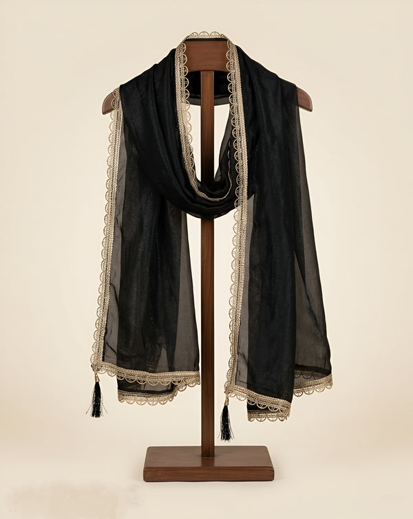 Fendi Women Dupatta – Black Tone with Lace Border & Latkan