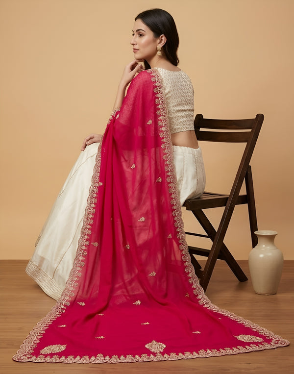 Luxe Vichitra Women Rani Dupatta with 4 Side Scalloped Embroidered Border & Buti Embellishment