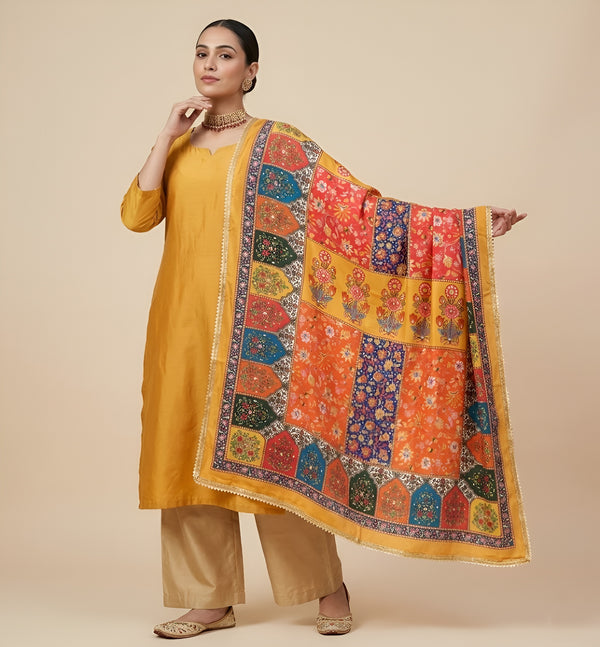 Chinon Floral Mirror Work Women Multicolor Dupatta with Designer Printed Panels & Lace Border