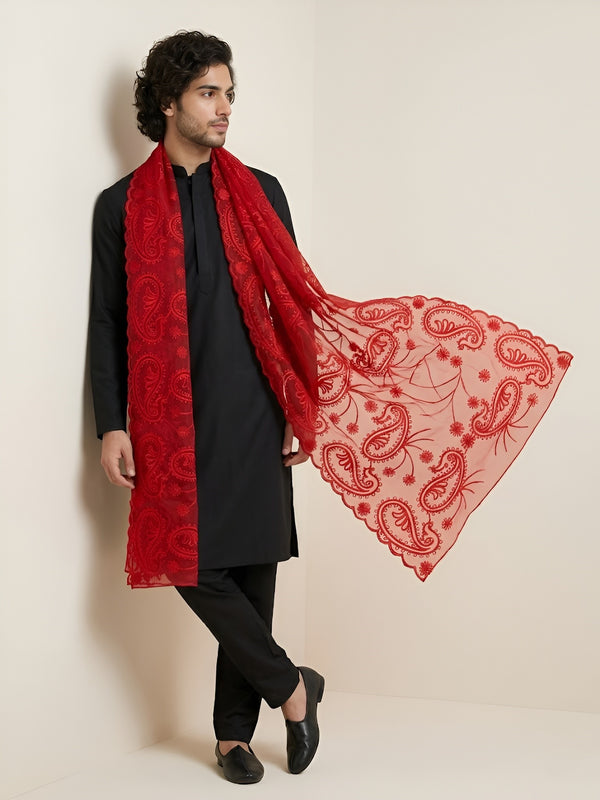 Organza Mens Dupatta – Red with Paisley Embroidery & Floral Design