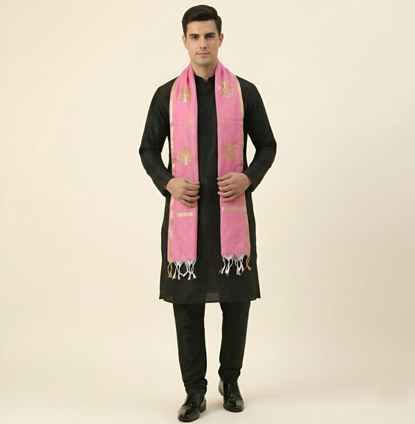 Organza Zari Buta Mens Dupatta – Pink Tone with Gold Woven Design