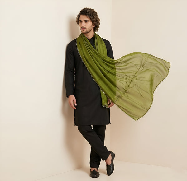 Nazneen Chiffon Mens Dupatta – Solid Green with Elegant Lace Border