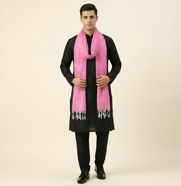 Cotton Embroidered Mens Dupatta – Pink Tone with Buta Work