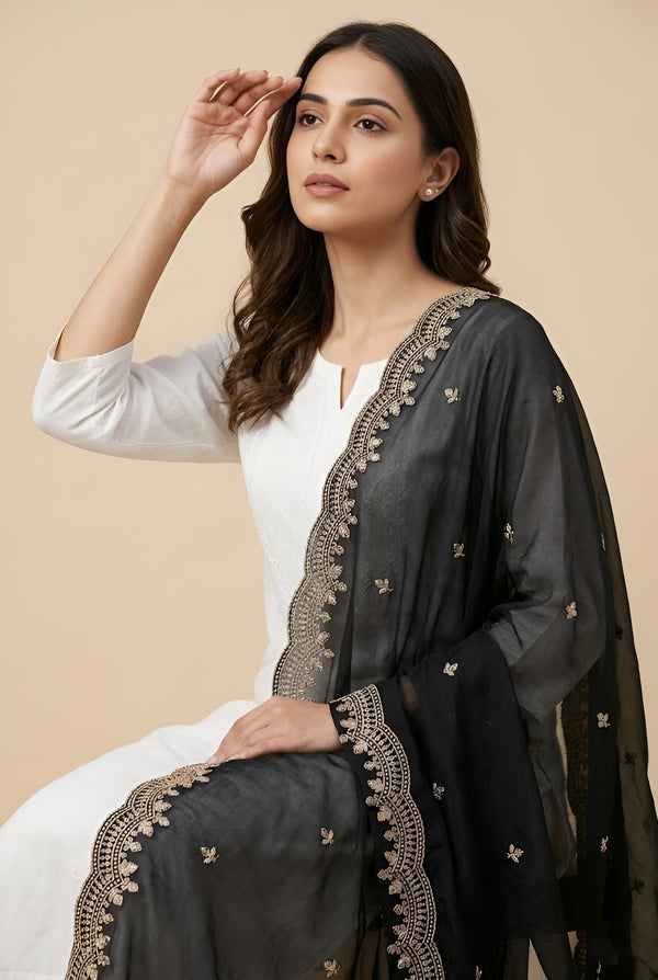 Luxe Fendi Women Black Dupatta with 2 Side Scalloped Border, Mirror Detailing & Buti Embellishment
