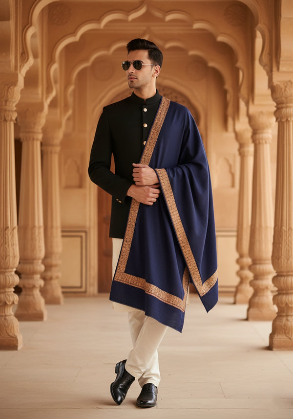 Solid Blue Woolen Mens Shawl with Rich Embroidered Border – 80 x 40 Inches
