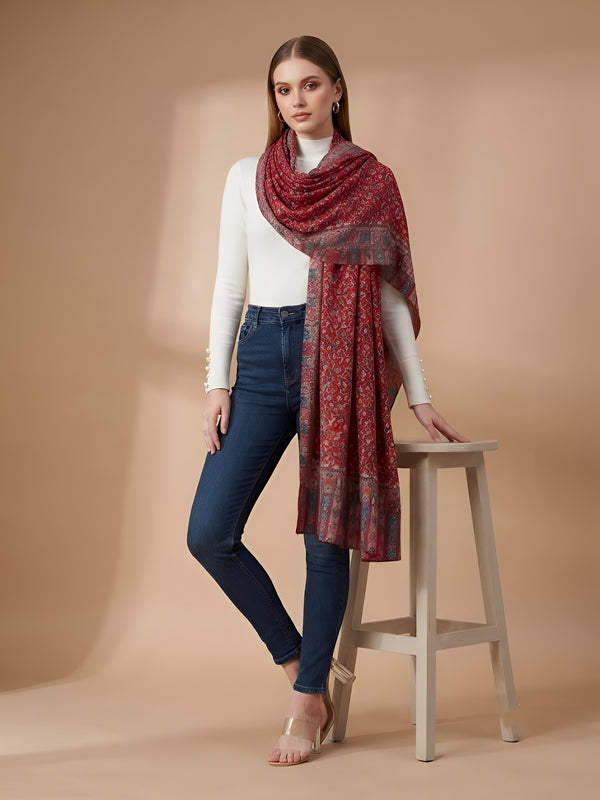 Everday Bamboo Silk Floral Kalamkari Printed Red Stole