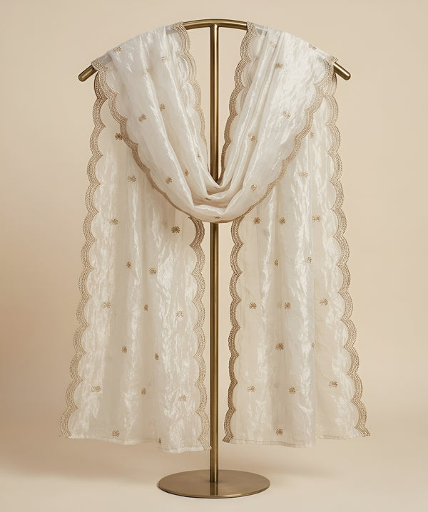 Designer Twill Net Women White Dupatta with 2 Side Scalloped Border & Buti Embellishment