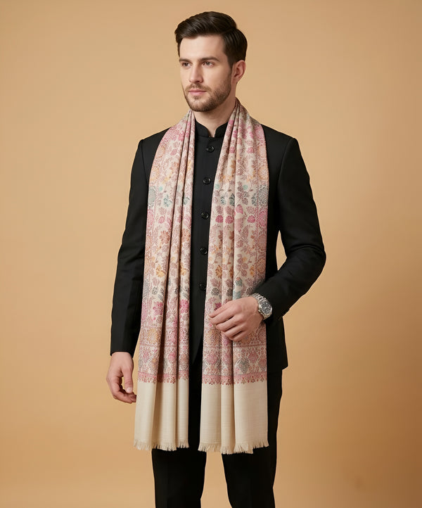 Noble Mens Wool Blend Floral Kani Weave Beige Stole