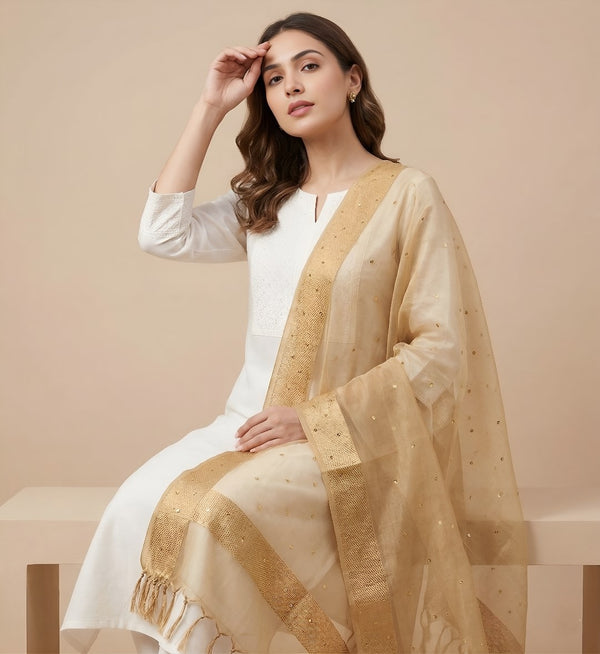 Gold Organza Dupatta with Golden Beads Work & Tassel Border