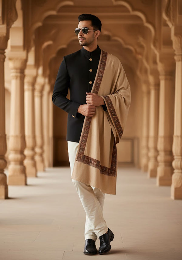 Woolen Mens Shawl in Warm Beige with Heritage-Inspired Embroidered Border (80 x 40 Inches)