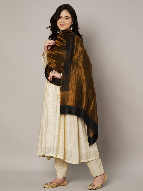Reversible Wool Black Women Stole with Moonlight Zari Border | Elegant Winter Wrap | 80 × 28 Inches