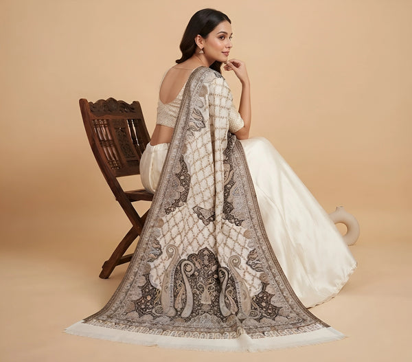 Naqsh-e-Kashmir Inspired Paisley Jacquard White Shawl with Kani-Inspired Floral Border