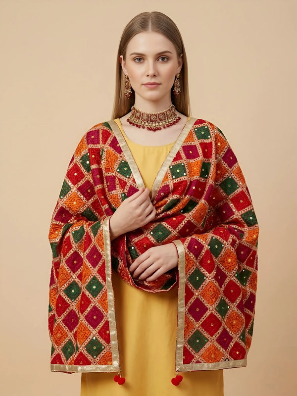 Luxe Chinon Women Phulkari Multicolor Dupatta with Mirror Detailing, Tape Border & Latkan Tassels