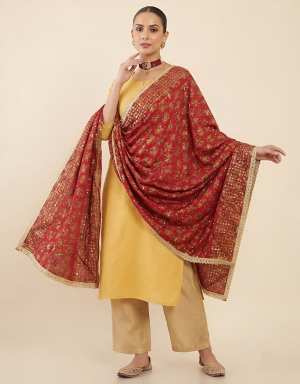 Luxe Heritage Chinon Phulkari Chinon Maroon Dupatta with Elegant Lace Border