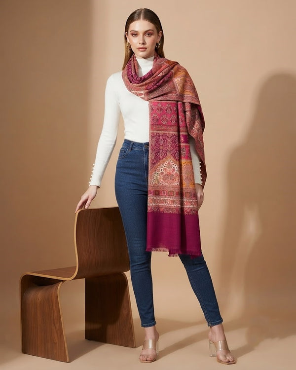 Regal Multicolor Patchwork Kani Jacquard Woven Wool Blend Maroon Stole