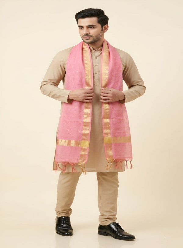 Cotton Silk Mens Dupatta – Pink with Zari Buta & Border Work