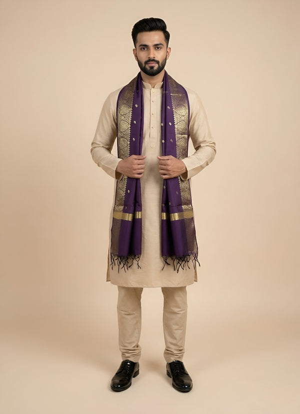 Banarasi Silk Mens Dupatta – Purple with Zari Buta & Border Work