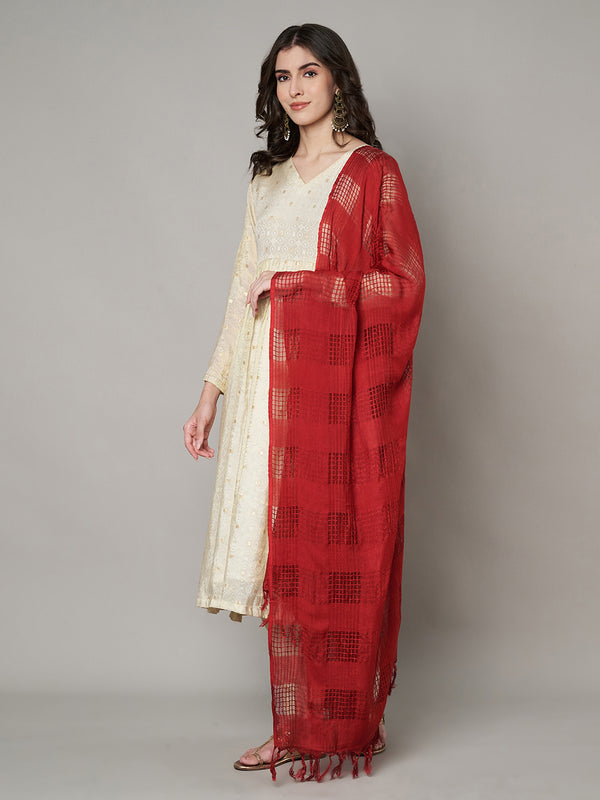 Red Cotton Woven Check Dupatta with Tassel Detailing (Size: 2.5x1 m Approx)