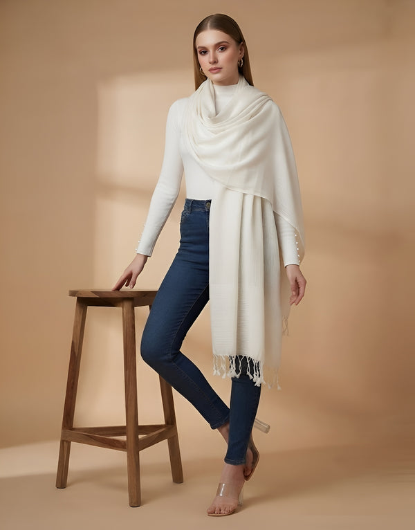 Everyday Solid Textured Viscose White Women's Stole | Lightweight Wrap