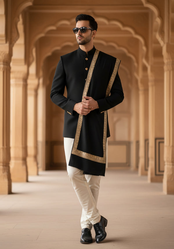 Black Woolen Mens Shawl with Gold Border – 80x40 Inches