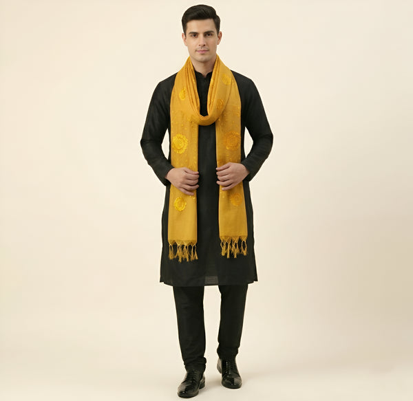 Cotton Embroidered Mens Dupatta – Yellow Tone with Buta Work