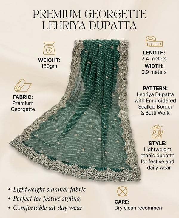 Georgette Leheriya Women Green Dupatta with Embroidered Scallop Border & Butti Work