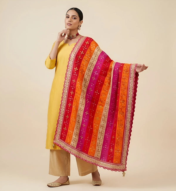 Luxe Chinon Multicolour Mirror Work Embroidered Phulkari Dupatta with Scalloped Lace Border
