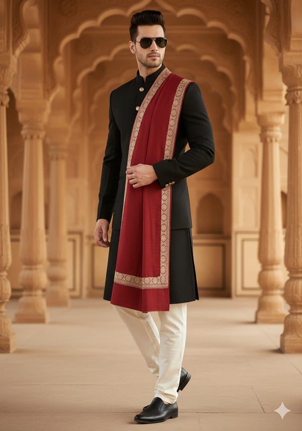 Maroon Woolen Mens Shawl with Gold Border – 80x40 Inches