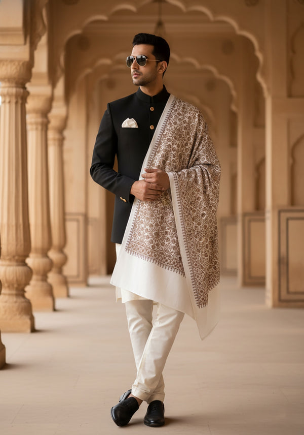 Woolen Mens Shawl with Intricate Traditional Motif & Ornate Woven Border | 80 x 40 Inches