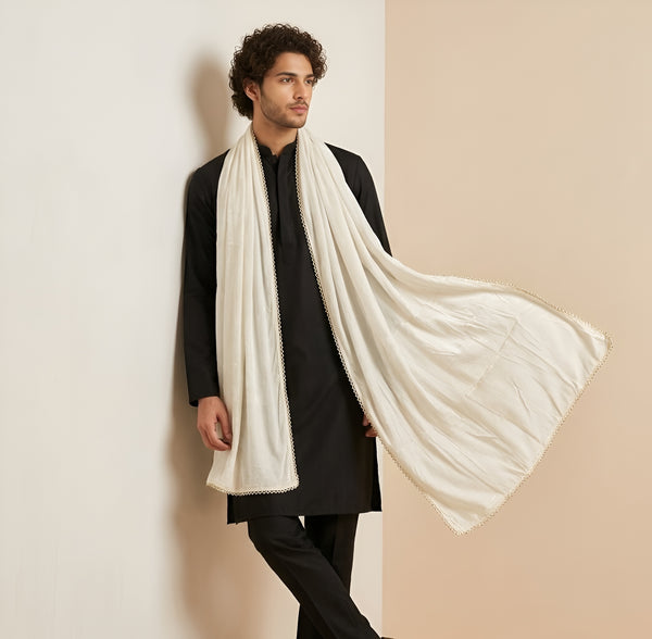 Nazneen Chiffon Mens Dupatta – Solid White with Elegant Lace Border