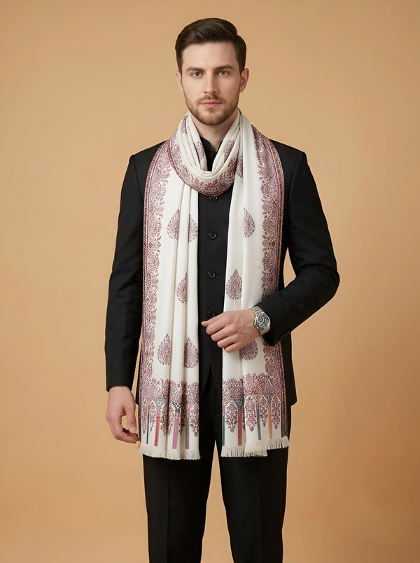 Noble Kani Woven Paisley Border Wool Blend White Stole