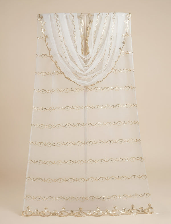 Net White Dupatta with Twill Zari Sequin Wave Work