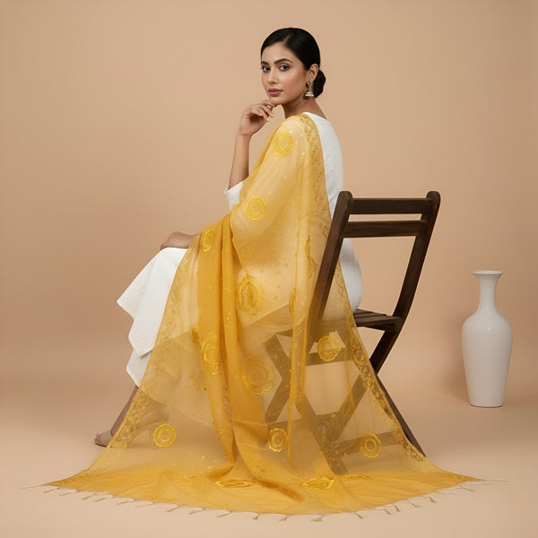 Yellow Cotton Embroidered Dupatta | Summer Edit Lightweight Ethnic Essential