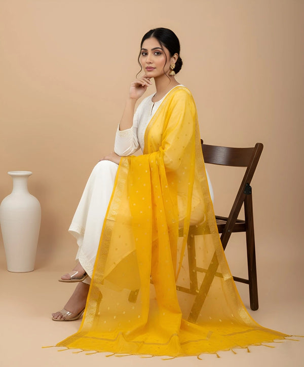 Yellow Lightweight Cotton Silk Dotted Dupatta | Elegant Everyday Ethnic Drape