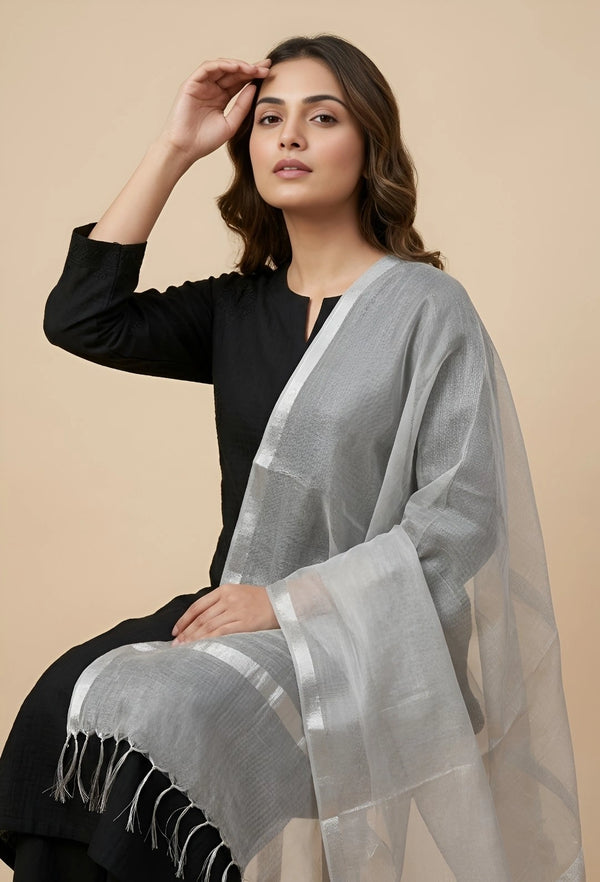 Silver Tissue Checkered Dupatta with Subtle Shine | Graceful Ethnic Wrap