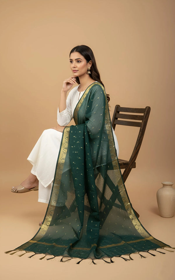 Green Lightweight Cotton Silk Dotted Dupatta | Elegant Everyday Ethnic Drape