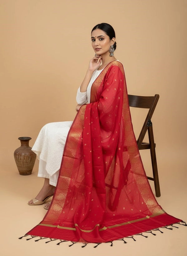 Red Woven Ethnic Motif Dupatta | Elegant Traditional Drape
