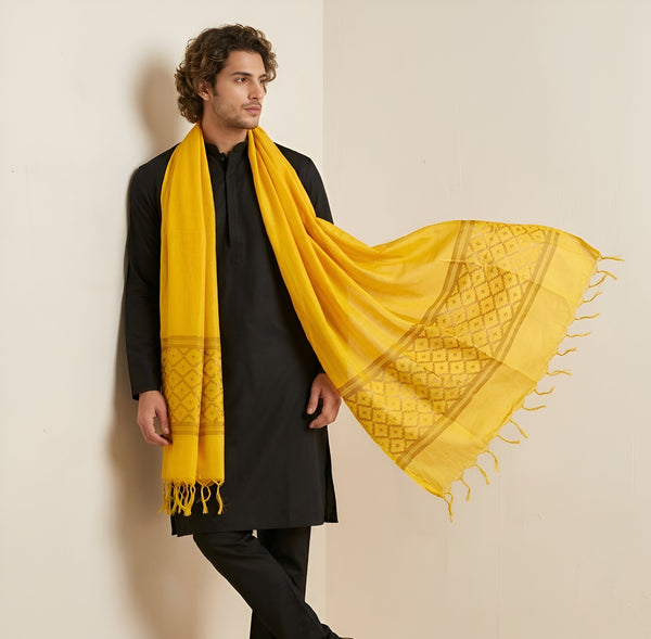 Cotton Mens Dupatta – Mustard with Diamond Cut Work & Woven Border