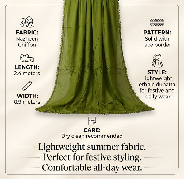 Nazneen Chiffon Mens Dupatta – Solid Green with Elegant Lace Border