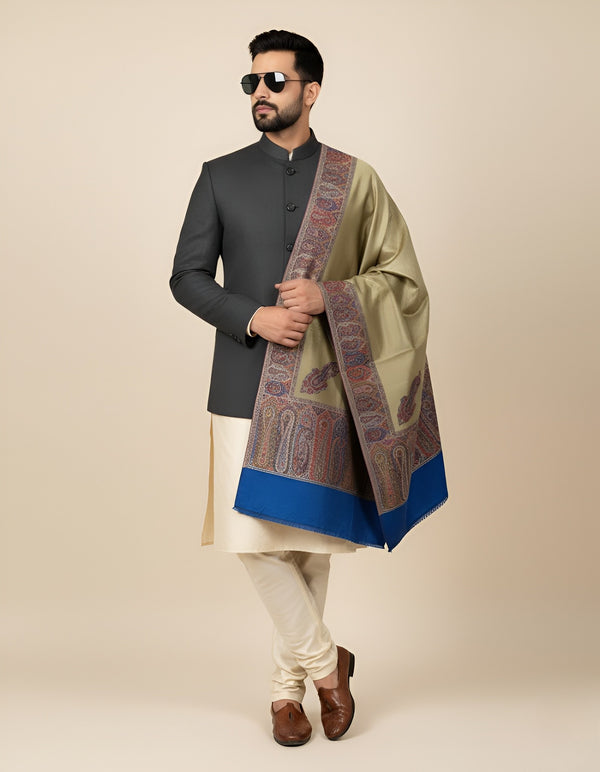 Bamboo Silk Gold Mens Shawl with Ornate Paisley Border | Classic Heritage Wrap (80 × 40 Inches)