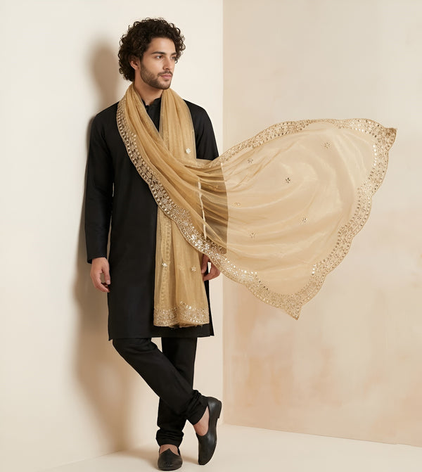 Gold Twill Net Mens Dupatta – Scalloped Cutwork Border with Buti Work