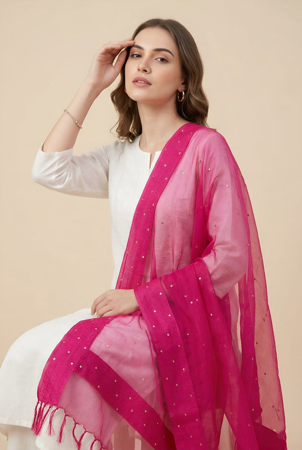 Pink Organza Dupatta with Golden Beads Work & Tassel Border