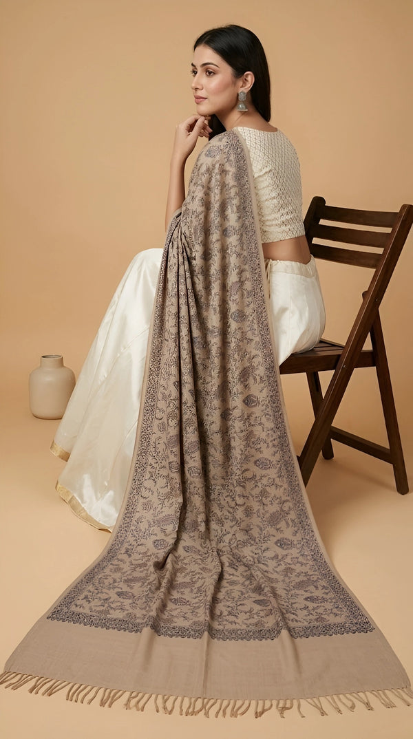 Naqsh-e-Kashmir Inspired Jamawar Floral Paisley Vine Wool Blend Beige Shawl